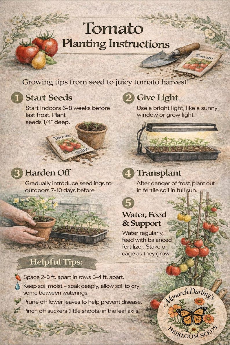 May include: Illustrated guide for planting tomatoes, featuring steps from starting seeds indoors to harvesting ripe tomatoes. Includes helpful tips for spacing, watering, and pruning. The image also features a packet of tomato seeds and a Monarch Darling's Heirloom Seeds logo.