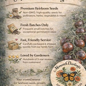 May include: An advertisement for Monarch Darling's heirloom seeds. The image features text highlighting premium seeds, fresh batches, and fast service. A logo with a butterfly and flowers is also present.