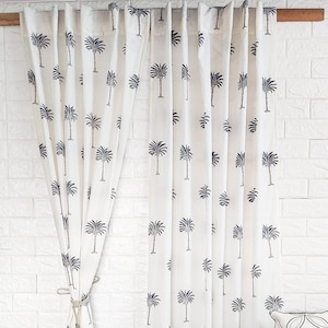 Block Print Curtains -Palm Tree Print- Bohemian Curtains- Indian Curtain- Curtain Boho- White Sheer Panels- set of 2