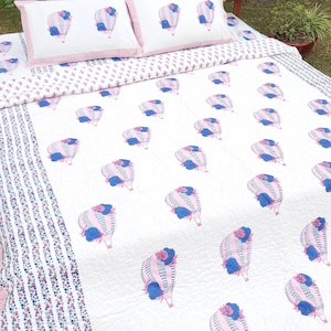 Double Bed Cotton Quilt, Handblock Printed, Size 90&quot;X108&quot;, Lightweight Blanket, Light-weight comforter