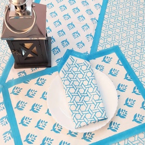 Hand Block Printed Table Cover Set: Aqua Blue Cloth, Runner, Napkins