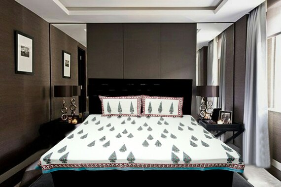 Handblock Printed Cotton Bedsheet 90x108 Inches with 2 Pillow Covers - King Size Bedding Set
