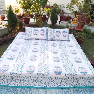 Turquoise floral handblock printed bedsheet with pillowcases
