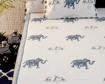 Block printed Cotton Double Bedsheet 3 pcs set, Bedsheet and 2 pillow shams