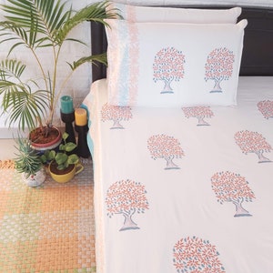 Orange handblock tree print double bedsheet with 2 pillowcases