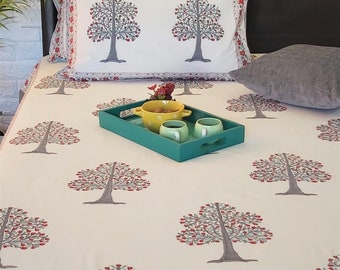 Handblock tree print double bed sheet with pillowcases
