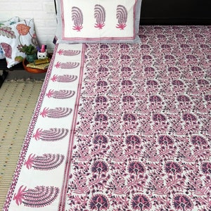 Hand Block Printed Cotton Bedsheet: Floral Jaipur Bedding with Pillow Covers