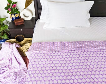 Cotton Handblock Printed Dohar Single Bed reversible, Size-90"X60", Color-Lavender, Summer Blanket, AC Blanket