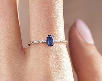 14k Solid Gold Sapphire Ring, Natural Sapphire Ring, 14k Gold Solitare Ring, Dainty Gold Wedding Ring, Sapphire Engagement Ring