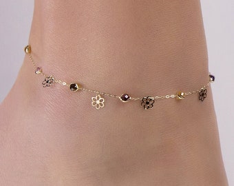 14K Real Gold Floral Anklet for Women, Handmade Leg Anklet, Zircon Stone, Minimal Summer Look, Unique Gift for Her, Perfect Summer Accessory
