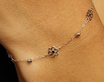 14k Solid Gold Flower Bracelet, Dainty Cubic Zirconia Jewelry