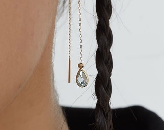 Elegant 14k Gold Aquamarine Threader Earrings - Dainty and Delicate - Perfect for Everyday Wear