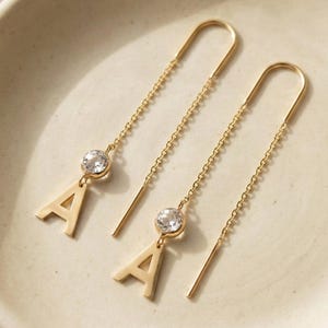 14K Gold Letter Threader Earring  “A to Z”  • Minimal Initial Pull-Through Chain Earring • Dainty Personalized Jewelry for Everyday