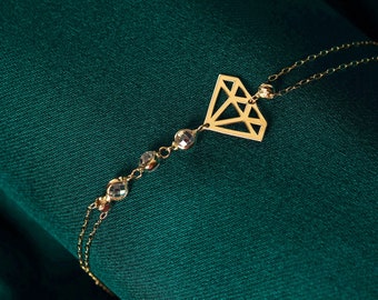 14k Real Gold Bracelet, Diamond Shape Bracelet for Women, Bestfriend Bracelet Gift, Gift for Mom, Fine Jewelry with Gift Box