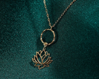 14k Solid Gold Lotus Flower Necklace, Dainty Yoga Pendant