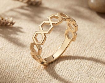 14K Gold Honeycomb Ring • Geometric Hexagon Band • Openwork Stackable Ring for Women • Solid Gold Unique Statement Ring