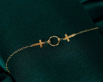 14k Gold Cross Bracelet, Dainty Cross Bracelet for Woman, Perfect for Everyday Wear, Fine Jewelry with Gift Box, Gift for Mom