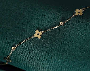 Clover Bracelet,14k Solid Gold Bracelet for Woman, 14k Gold Jewelry,Dainty Gold Bracelet 14k,14k gold flower gift, Bracelets For Women
