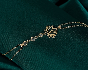Elegant 14K Gold Lotus Bracelet for Women,Charm Chain Bracelet in Gold,14k gold jewelry,Gold Bracelet for women, Tiny Gold Bracelet Gift