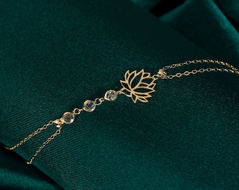 Elegant 14K Gold Lotus Bracelet for Women, Charm Chain Bracelet in Gold - Perfect Gift for Her, Gifts for Mom