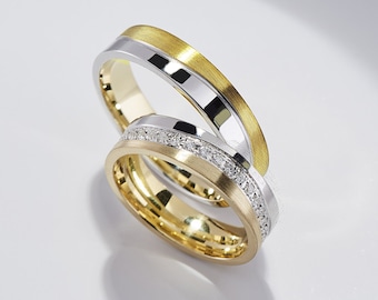 14 Gold Wedding Bands Set | Minimal Matching Wedding Rings for Couples | Diamond Wedding Bands Women | Mens Wedding Bands,Wedding ring set