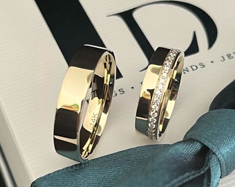 14k Gold One Side Pave Wedding Band Set, Diamond Wedding Bands Women, His and Hers Diamond Couples Wedding Bands, Mens Wedding Bands