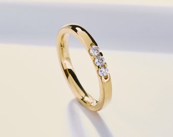 14k gouden verlovingsring met Moissanites, trouwring, Trio Diamond Wedding Band, Gold Promise Ring