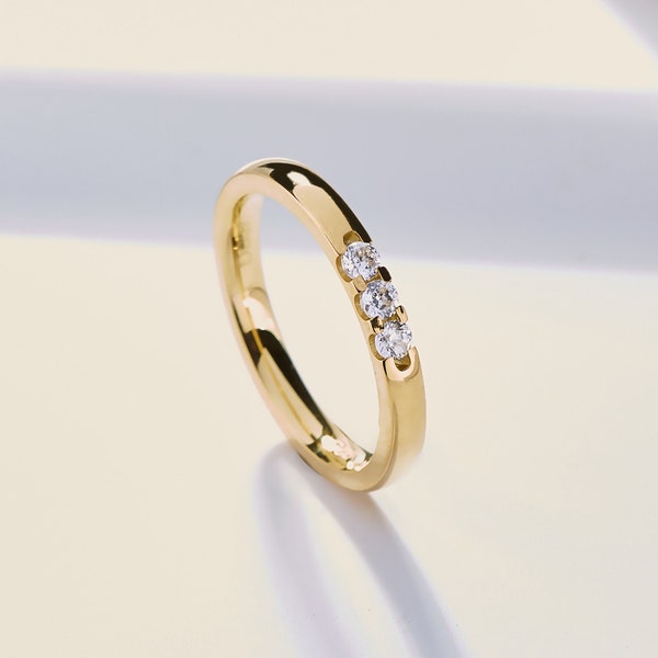 14k gouden verlovingsring met Moissanites, trouwring, Trio Diamond Wedding Band, Gold Promise Ring