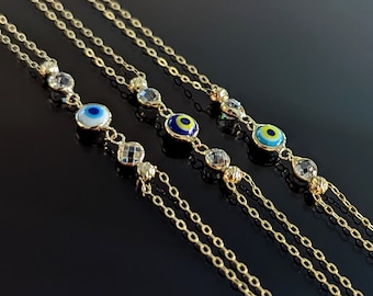 14K Solid Gold Evil Eye Bracelet, Protection Bracelet for Women, Round White Blue Evil Eye Charm, Evil Eye Jewelry, Graduation Gifts, Chain