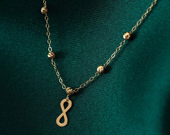 14k Solid Gold Infinity Necklace, Infinity Beaded Satellite Necklace for Women, Bestfriend Necklace Gift, Gold Infinity Pendant