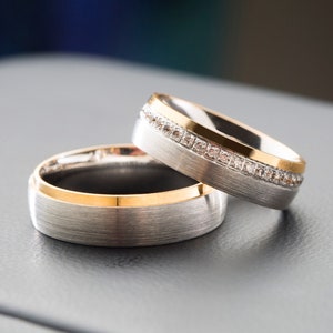 Solid 14k Gold Wedding Band Set -N19 | Two Tone Charming Matching Wedding Bands | Women, Men&#39;s Stylish Diamond Ring | Anniversary Gift Ideas