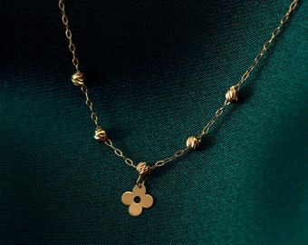 14k Solid Gold Clover Necklace for Women, Beaded Satellite Clover Chain Necklace, Gift for Mom, Best friend Necklace Gift, Dainty Necklace