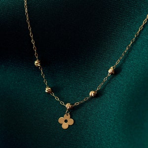 14k Solid Gold Clover Charm Necklace, Beaded Gold Chain Necklace, Dainty 14k Gold Flower Pendant, Meaningful Gifts for Her