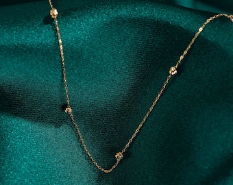 14k Solid Gold Beaded Necklace - Dainty necklace, Layering Necklace, Delicate Chain necklace,Charm necklace gold,Dainty Gold Necklace
