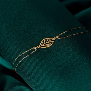 14k Solid Gold Leaf Bracelet for Women, Best friend Bracelet Gift, Gold Leaf Bracelet, Simple Leaf Bracelet, Fine Jewelry with Gift Box