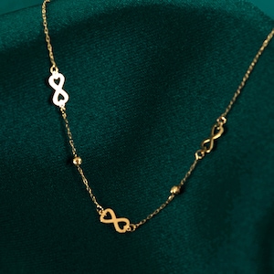 14k Solid Gold Infinity Beaded Necklace,Multiple heart Gold Charm Necklace,Gold necklaces for women,Tiny Heart Necklace,Best Gifts For Her