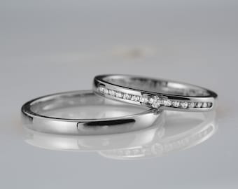 Conjunto de alianzas de boda de plata, alianzas de boda para parejas, anillos de boda clásicos, anillo de bodas para hombres y mujeres de ajuste cómodo con diamantes, N18S