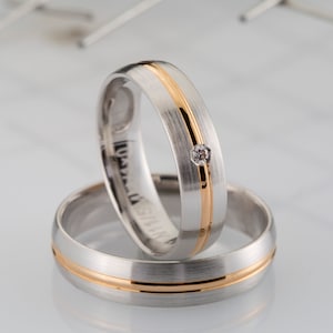 14K Solid Gold Wedding Band Set with Diamond, 0,03CT Wedding Ring Set, Gold Matching Rings His and Hers Rings, Couple Rings