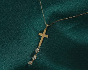 14k Solid Gold Crucifix Statement Necklace, Dainty Gold Cross Necklaces for Women, Fine Jewelry, Minimalist Gold Necklace, Necklace for Mom