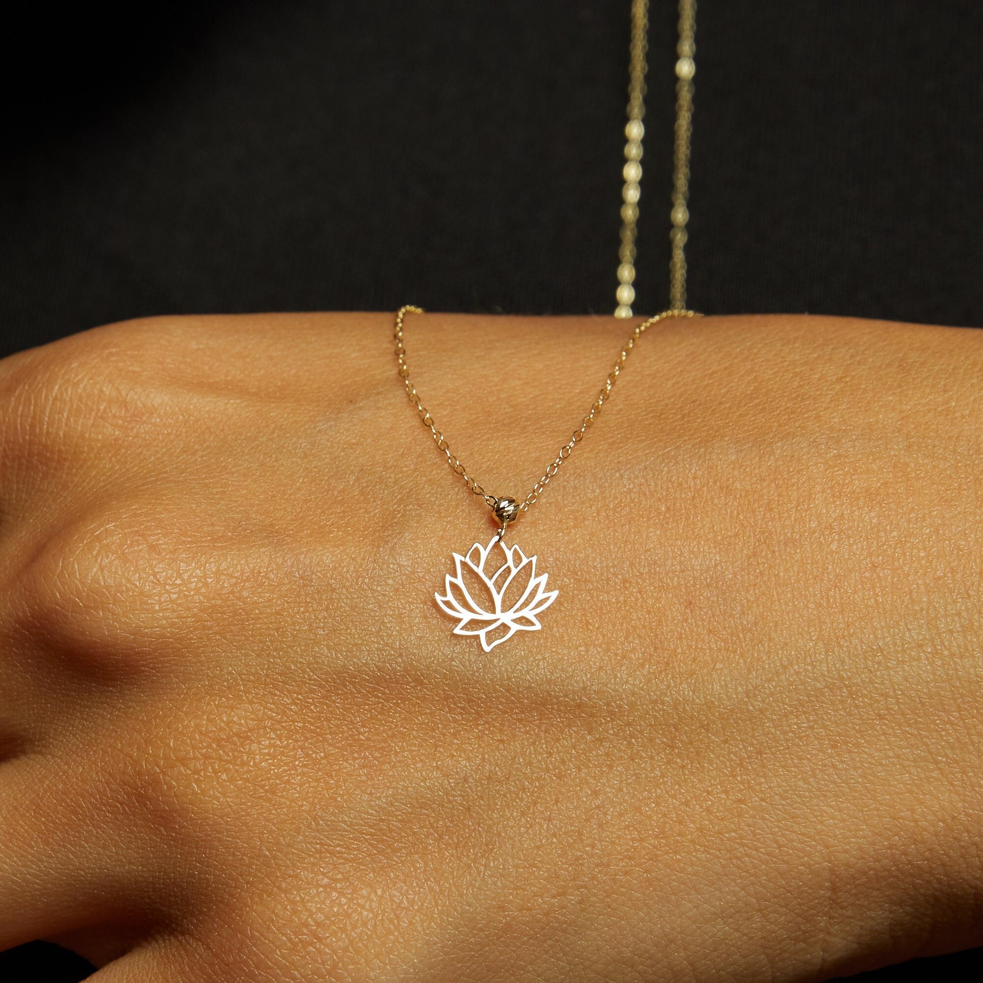 14k Gold Lotus Flower Necklace, Mandala Charm Pendant in Real Gold, Dainty Yoga Jewelry, 14K Gold Gift, 14k Gold Flower Gift