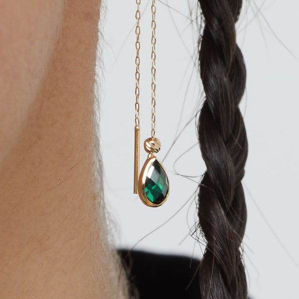 14k Solid Gold Emerald Drop Earrings, 14k Gold Threader Earrings, Gifts for Mom, Long Chain Drop Earrings, Gold Emerald Earrings 14k