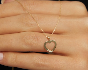 14k Solid Gold Heart Pendant Necklace, Minimalist Zircon Accent