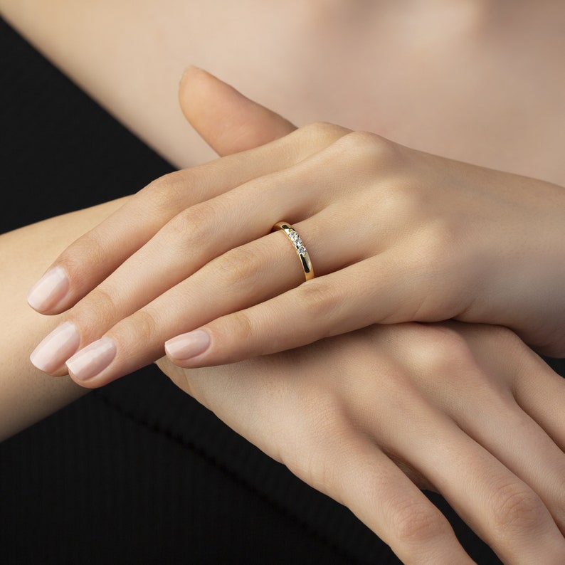 14k Gold Engagement Ring with Moissanites, Wedding Ring, Trio Diamond Wedding Band, Gold Promise Ring image 4