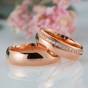 14k Rose Gold Wedding Ring Set, 0,35CT Diamond Gold Wedding Band Set His and Hers, Matching Wedding Band, Couple Wedding Band