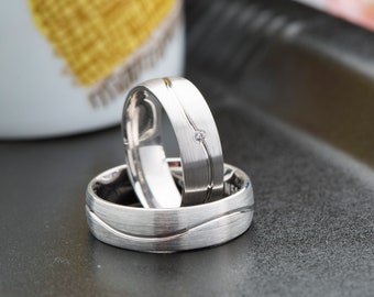 Silver Wedding Band Set, Diamond Couple Wedding Ring for Men and Women, Sterling Wedding Ring Women, Mens Band Mens Wedding Band, N50S
