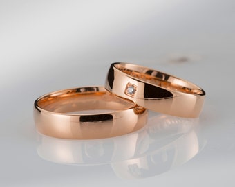 Wedding Band Set 14k Gold, Diamond Couple Wedding Ring for Men and Women - Rose Gold Band - Matching Band Set with Diamond - N43