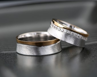 Silver Wedding Band Set, Couple Diamond Wedding Rings, Matching Ring Silver Wedding Bands with Diamond, Silver Promise Ring Bands, N15SLV