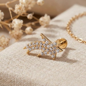 14Kソリッドゴールドシューティングスターラブレットスタッドイヤリング・パヴェコメットフラットバック・天体軟骨ヘリックストラガスコンクピアスジュエリーギフト