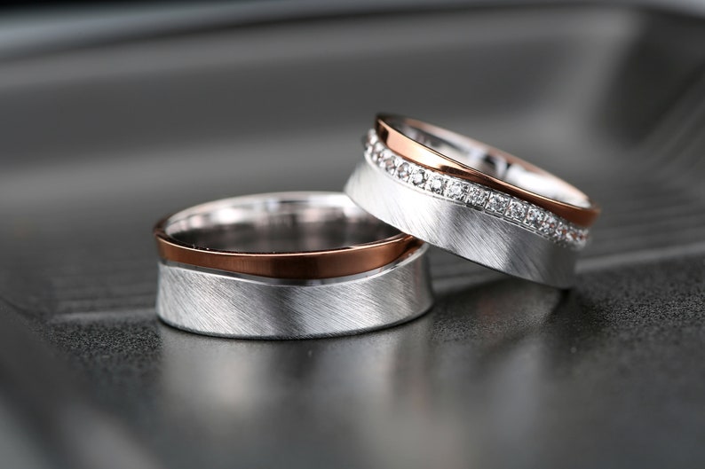 Silver Wedding Band Set Couple Diamond Wedding Rings Etsy