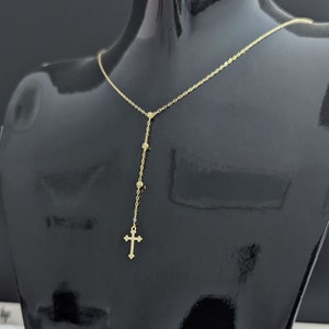 Elegant 14k Gold Rosary Necklace with Delicate Beads and Crucifix, Dainty Lariat Cross Necklace, Crossnecklaces, 14k Gold Gift Cross